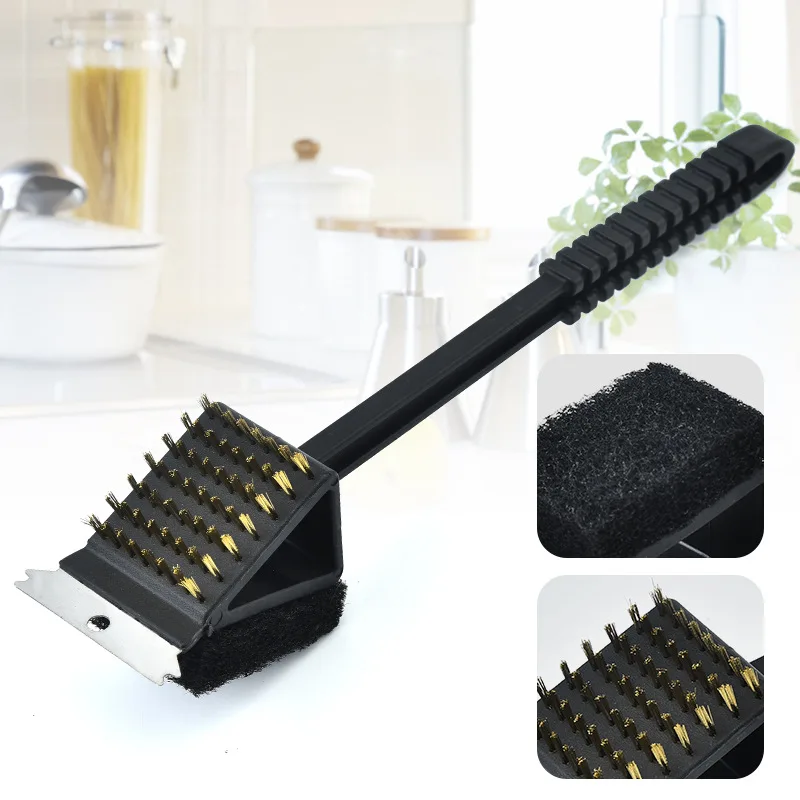 3 In 1 BBQ Wire Brush Barbecue Grill Oven Cleaning BBQ Brush Copper Wire Sponge Shovel Long Handle Cleaning brush