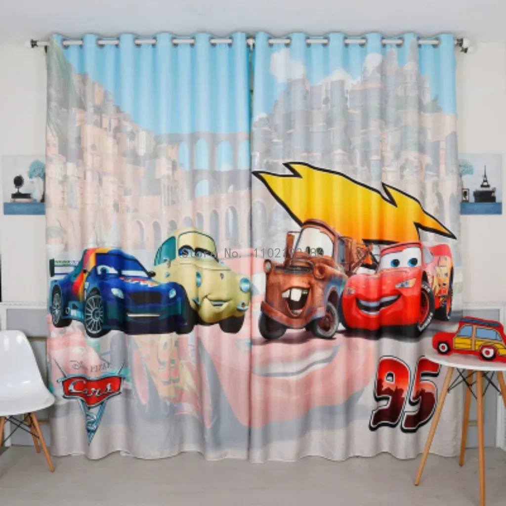 Disney Cars Mcqueen Boy Cartoon Children'S Room Bedroom Bay Window Floor-To-Ceiling Window Blackout Cloth Printed Curtain 4