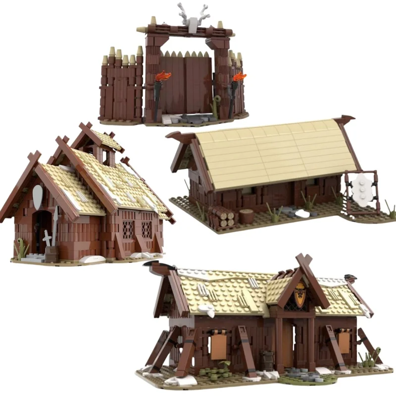 Hot Medieval Military Viking Architecture View Building Blocks DIY Gate Tent Watchtower Warships Models Brickheadz Assembly Toys
