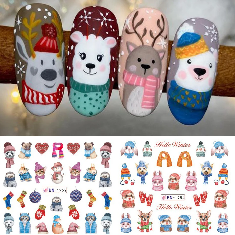 12pcs Cute Penguin Winter Nail Stickers Birds Bear Cat Cartoon Animal Snowflake Sliders Water Decals Decoration Xmas Tips Foils 4