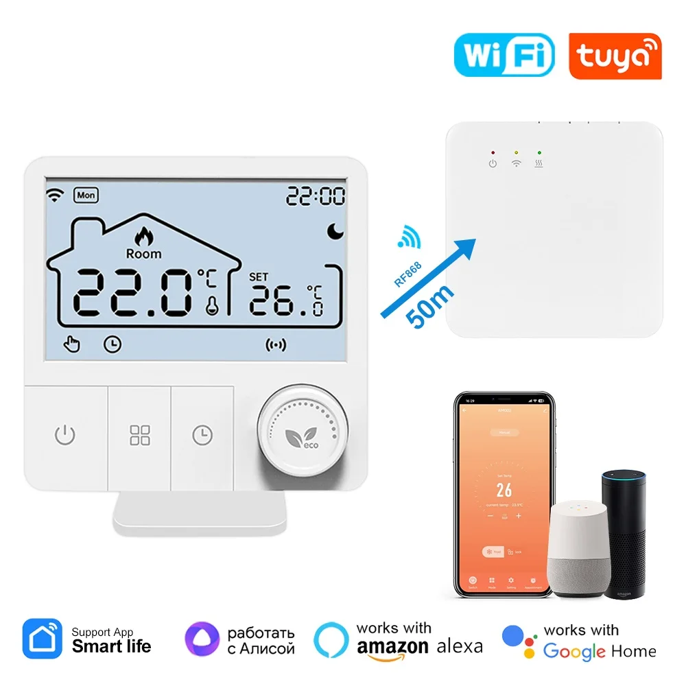 เทอร์โมสตัทไร้สาย Tuya WiFi 3 in 1 สำหรับหม้อต้มแก๊ส เครื่องทำความร้อนไฟฟ้า RF868 ตัวควบคุมอุณหภูมิและตัวรับสัญญาณ ใช้พลังงานจากแบตเตอรี่ USB 1