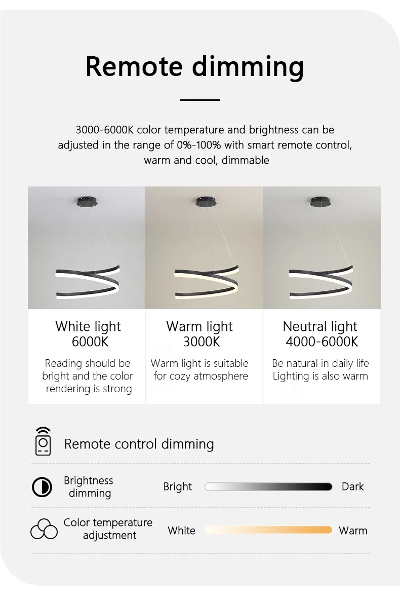 Description Picture 5 of itemSimple Special Shape Nordic Led Pendant Lights Dimmable Living Dining Room Chandelier Bedroom Ring Hanging Lamp Lighting Fixture