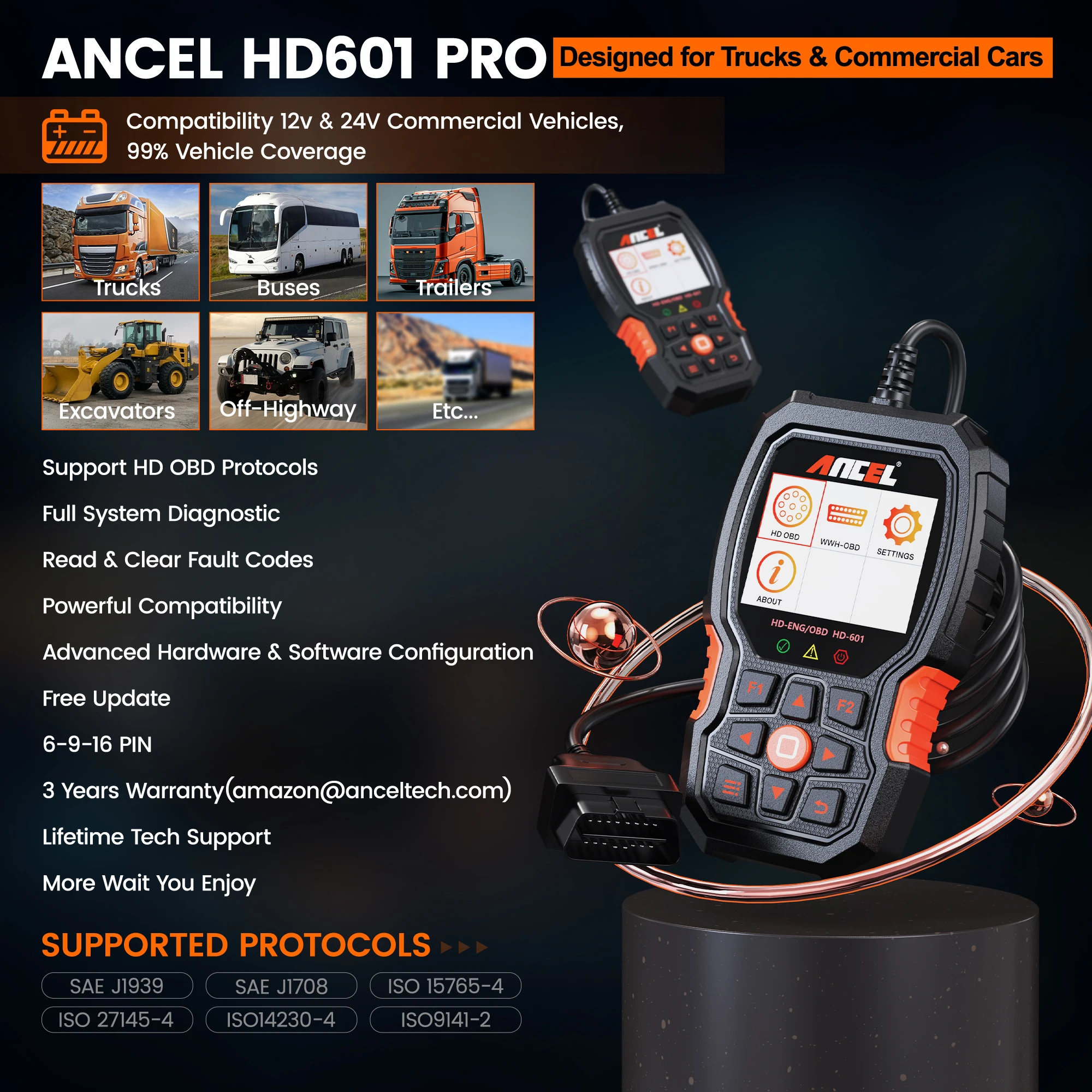 ANCEL HD601 Heavy Duty Truck Scanner Diagnostic Tool All System OBD2 Scanner Car Check Engine Code Reader with Reset DPF ABS 6