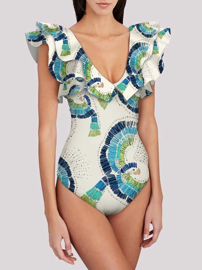 

2024 Chic Printed V-Neck Ruffle One Piece Swimsuit Women Fashion High Waist Bikinis Sexy Push Up Swimwear Bathing Suit Beachwear