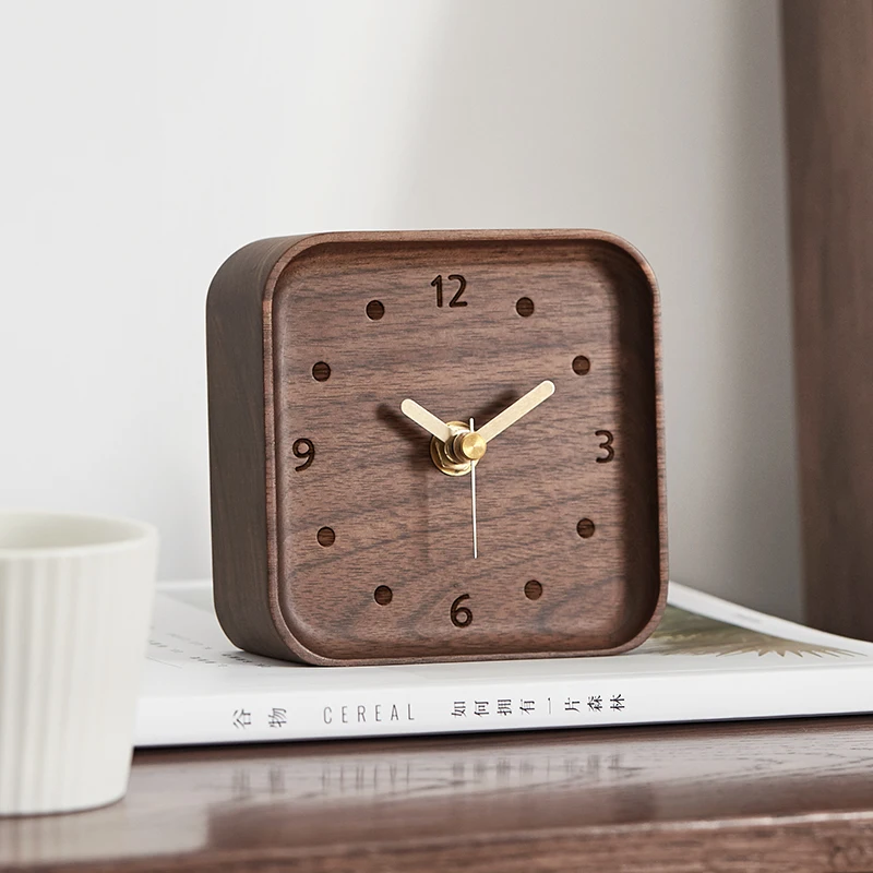 Solid Wood Mini Desk Clocks Office Square Black Walnut Wooden Needle