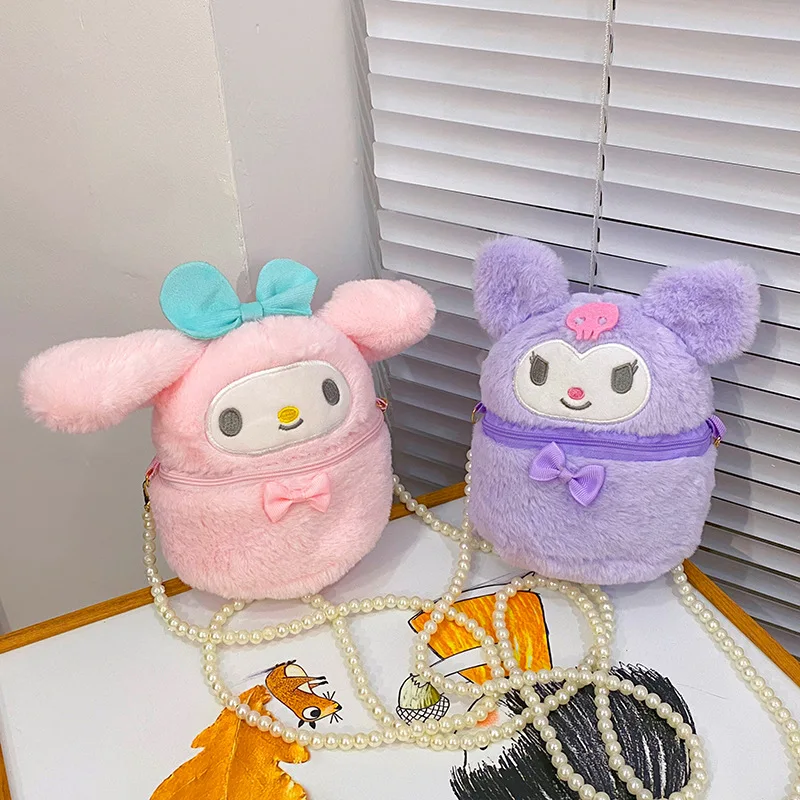 

Kuromi Bucket Bag Cinnamoroll Sanrio Plush Mini Pearl Chain Diagonal Bag Autumn/winter Mymelody Soft Sister Change Storage Bag