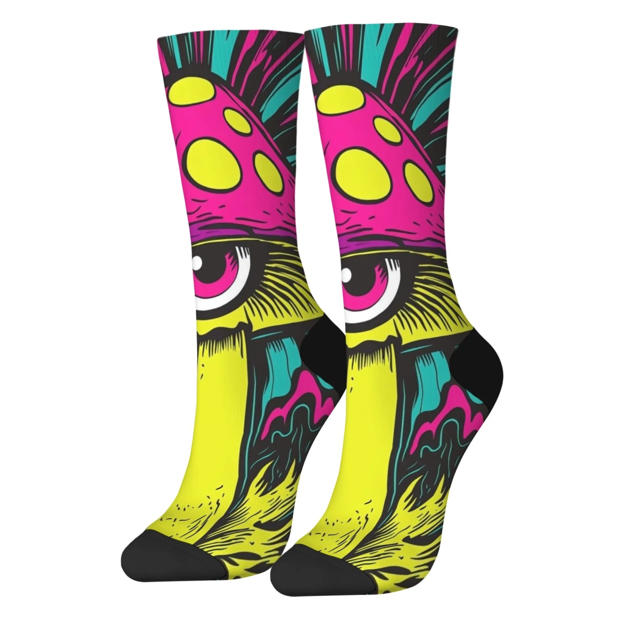 Cartoon-Graffiti-Einäugiger Pilzsocken, bunte, skurrile Pilze mit großen Schutzbrille, Neongelb, für verspielte, lässige Mode – Detail 7