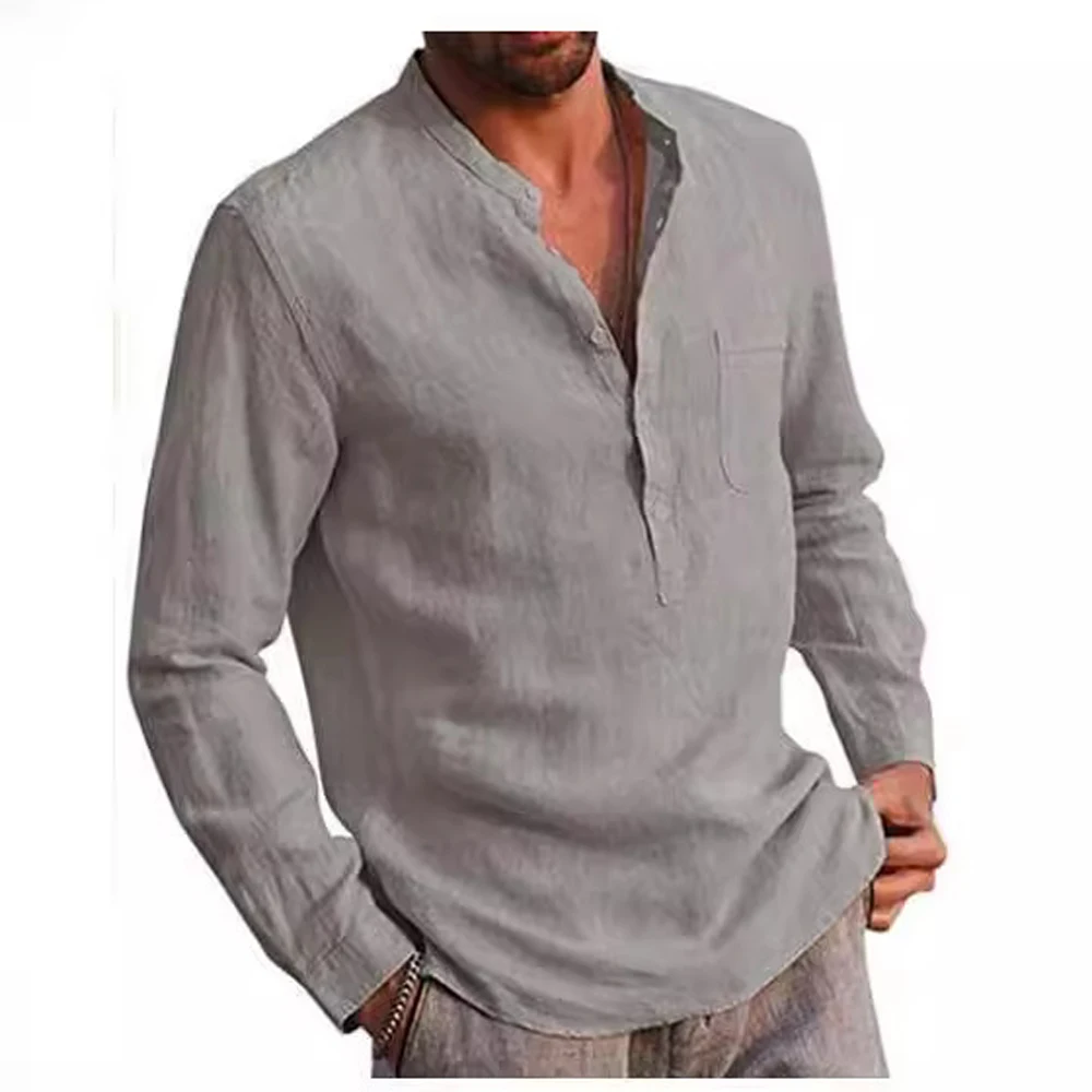 Mens Collarless Pocket Blouse Shirts Summer