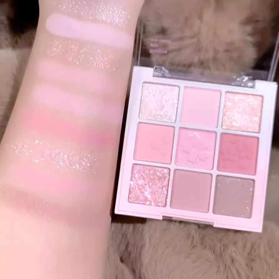 New Nine-color Eyeshadow Palette Rose Pink Nude Brown Low Saturation Pearly Matte Glitter Eye Shadow Long-lasting Eye Makeup