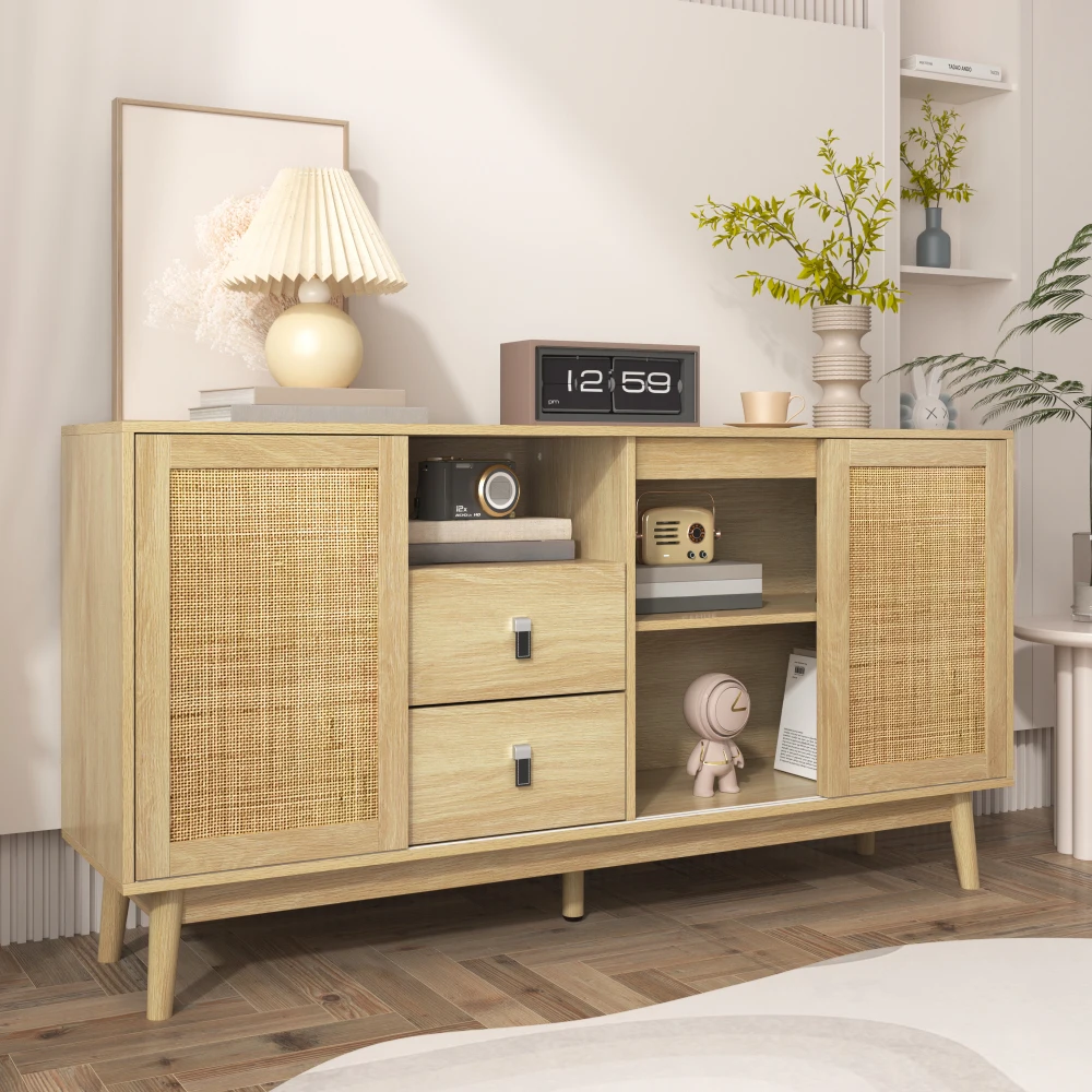 Sideboard im Rattan-Stil – 3 Rattan-Schiebetüren und Schubladen, 155 x 38 x 80 cm, atmungsaktive, vielseitige Aufbewahrung für Wohnzimmer/Esszimmer – Detail 17