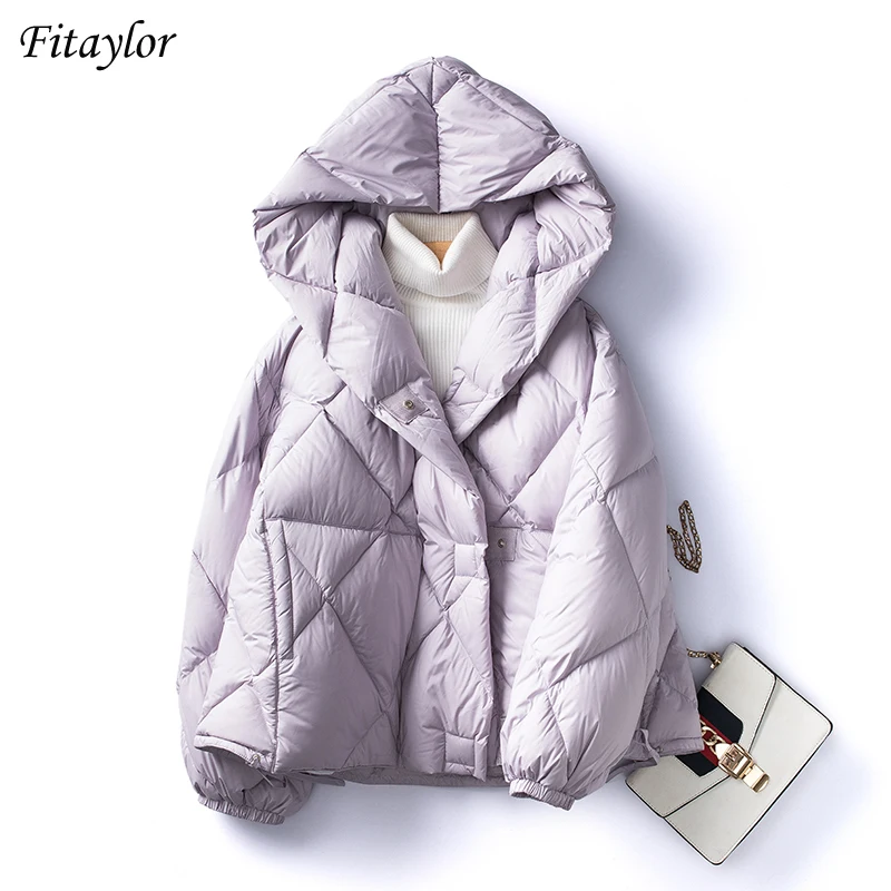 

Fitaylor New Winter High Quality Hooded Short Light Feather Jacket Women 90% White Duck Down Coat Loose Snow Warm Fluffy Outwear