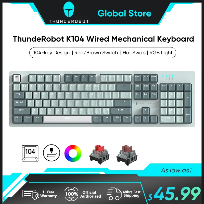 Thunderobot-teclado Mecânico para Jogos K104 Vermelho Interruptor Marrom Hot Swappable Pbt Keycaps com Fio Tamanho Completo Rgb