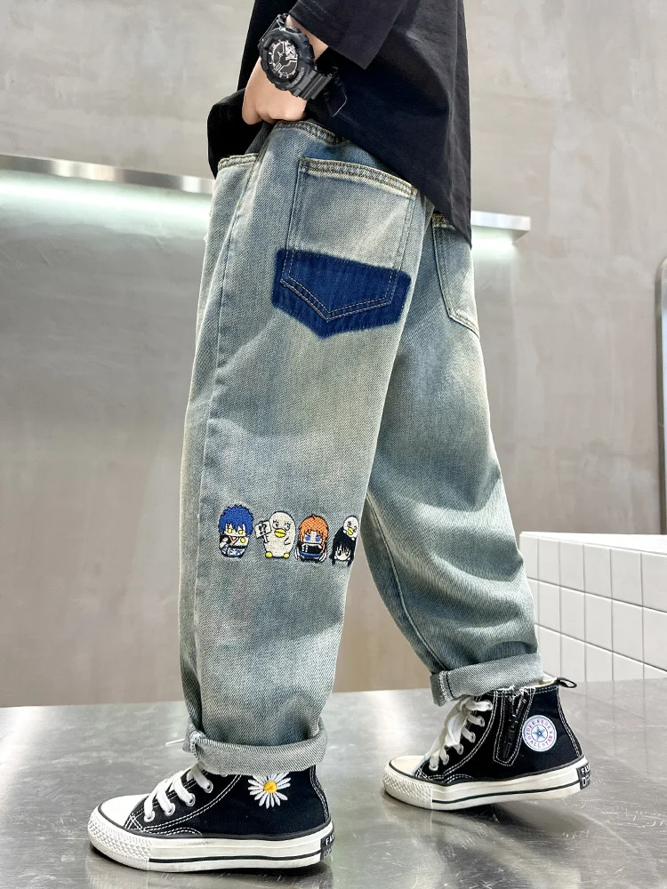 소년 자수 데님 청바지 봄 가을 캐주얼 루즈핏 패션 홀 팬츠 중대형 아동 아빠 바지 와이드 레그 밴딩 팬츠