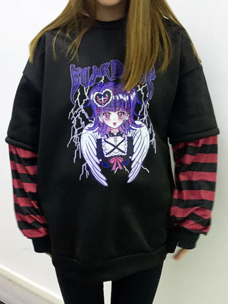 

Y2k Aesthetic Fake Two Pieces Korean Cartoon Print Hoodie Sweatshirt Grunge Autumn Kawaii Loose Harajuku Japanese Hoodies Mujer