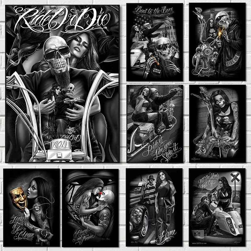 Black White Graffiti Tattoo Rider Chicano Culture Motorcycle