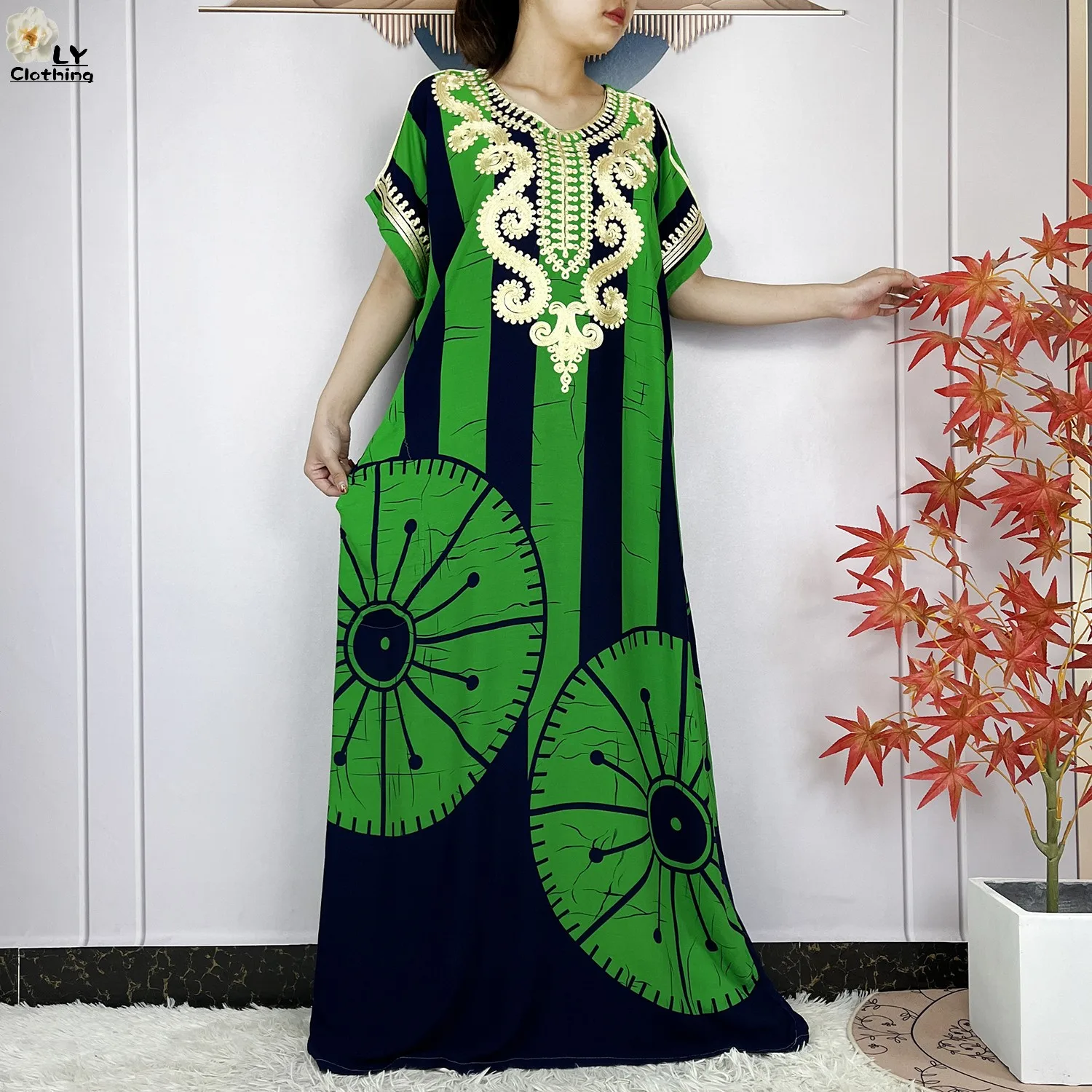 2024 Latest Style African Women Summer Short Sleeve Dubai Kaftan Stripe Printed Cotton Maxi Muslim Femme Loose Abaya Clothing 5