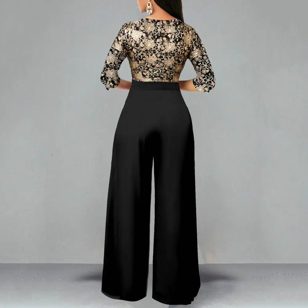 

Women Romper Elegant V-neck Jumpsuit for Women with Wide Leg Pants Office Lady Rompers with Golden Print Patchwork Autumn Party