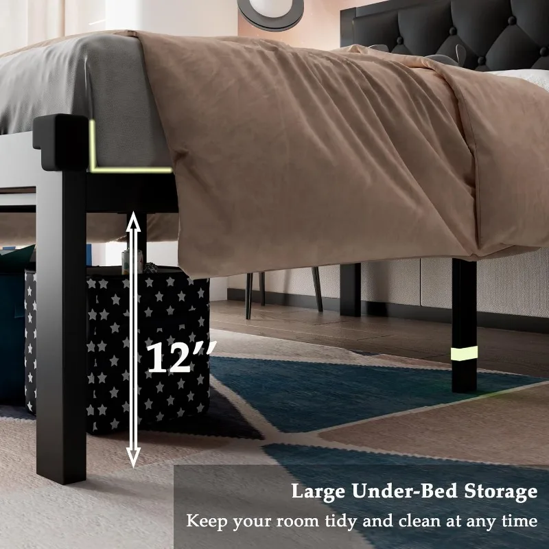 Twin Size Metal Bed Frame with Faux Leather Button Tufted Headboard, Heavy-Duty Platform Bed Frame with 12" Storage, Steel Slats 5