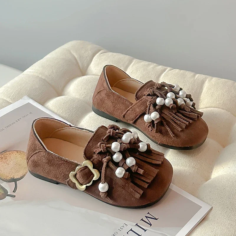 Girls Leather Flat Shoes Princess Tassel Moccasins