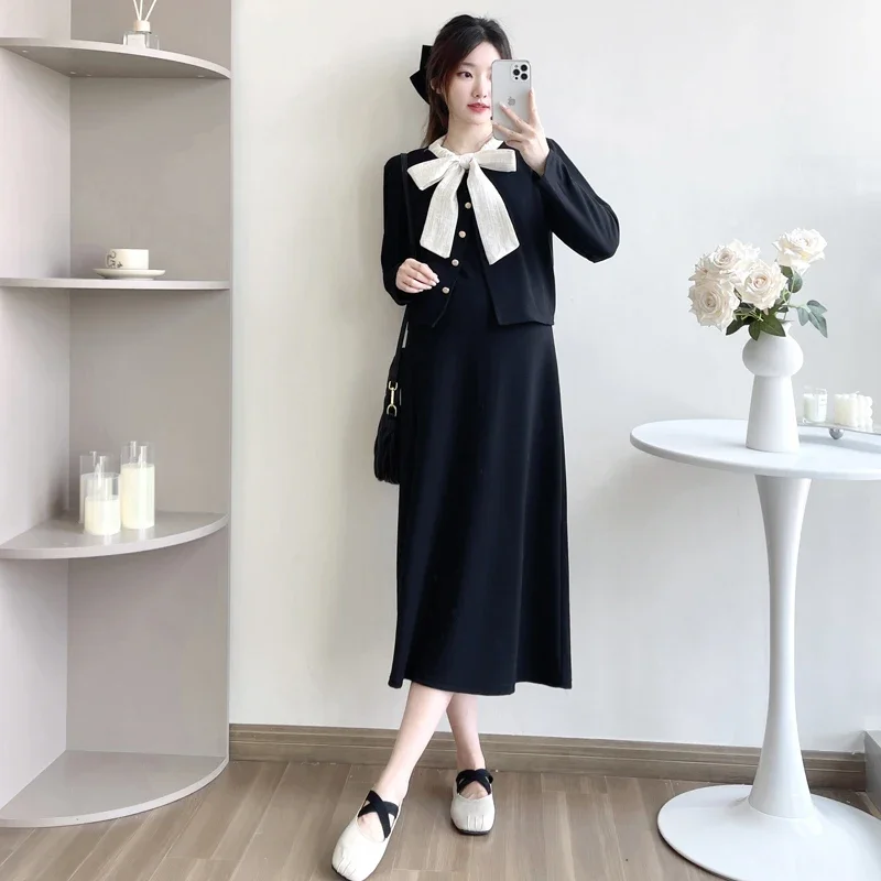 Spring/Summer New Color-blocked Bowknot Tie Tea Style Korean Pregnancy Outfit Two-Piece Set