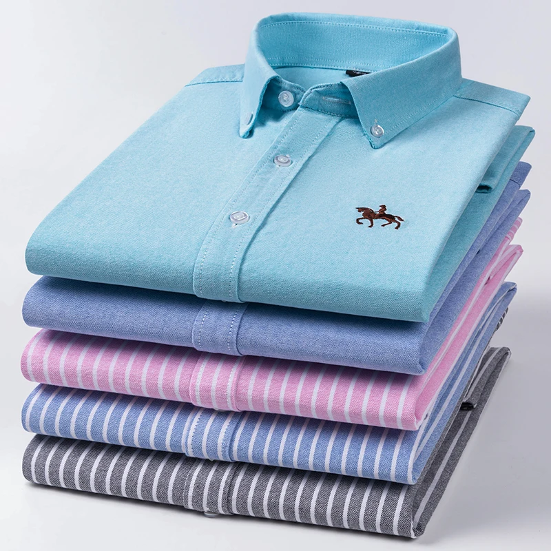 2024 Men's Long Sleeve Dress Shirt Men Pure Cotton Oxford  Embroidered Horse Casual Without Pocket Solid Shirt Plus Size