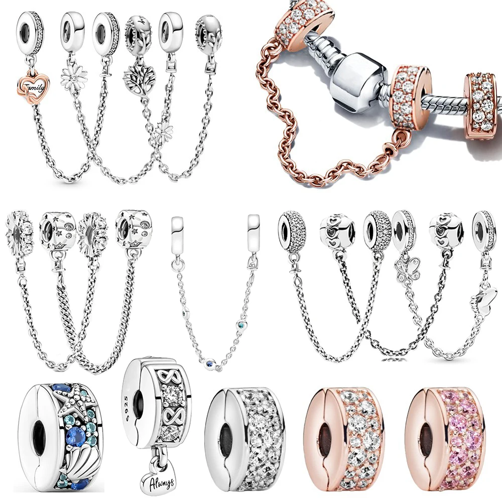 Safety Chain Clip Charm Fit Brand DIY Bracelet Pendant 925 Sterling