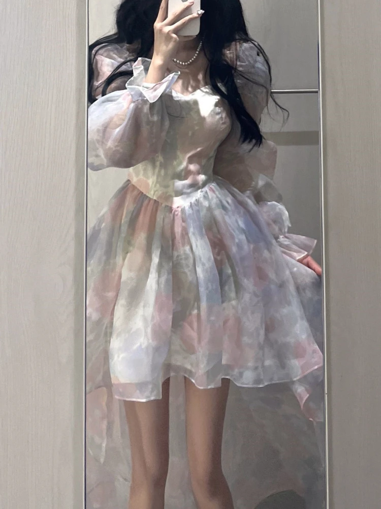 

Sweet Elegant Floral Midi Dress Women Casual Korean Puff Sleeve Fairy Dress Female Beach Vintage Party Dresses 2024 Summer Chic