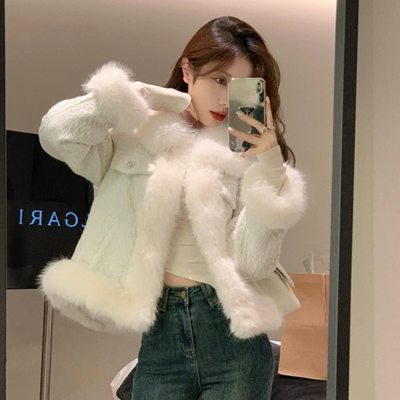 2023 autumn new women leather top coat short slim jacket fashion casual outdoor retro temperament outcoat 2023 Autumn Winter New Imitation Fox Fur Coat Thickened Warm Women Short Outwear Temperament Polo Collar Outcoat Casual Top