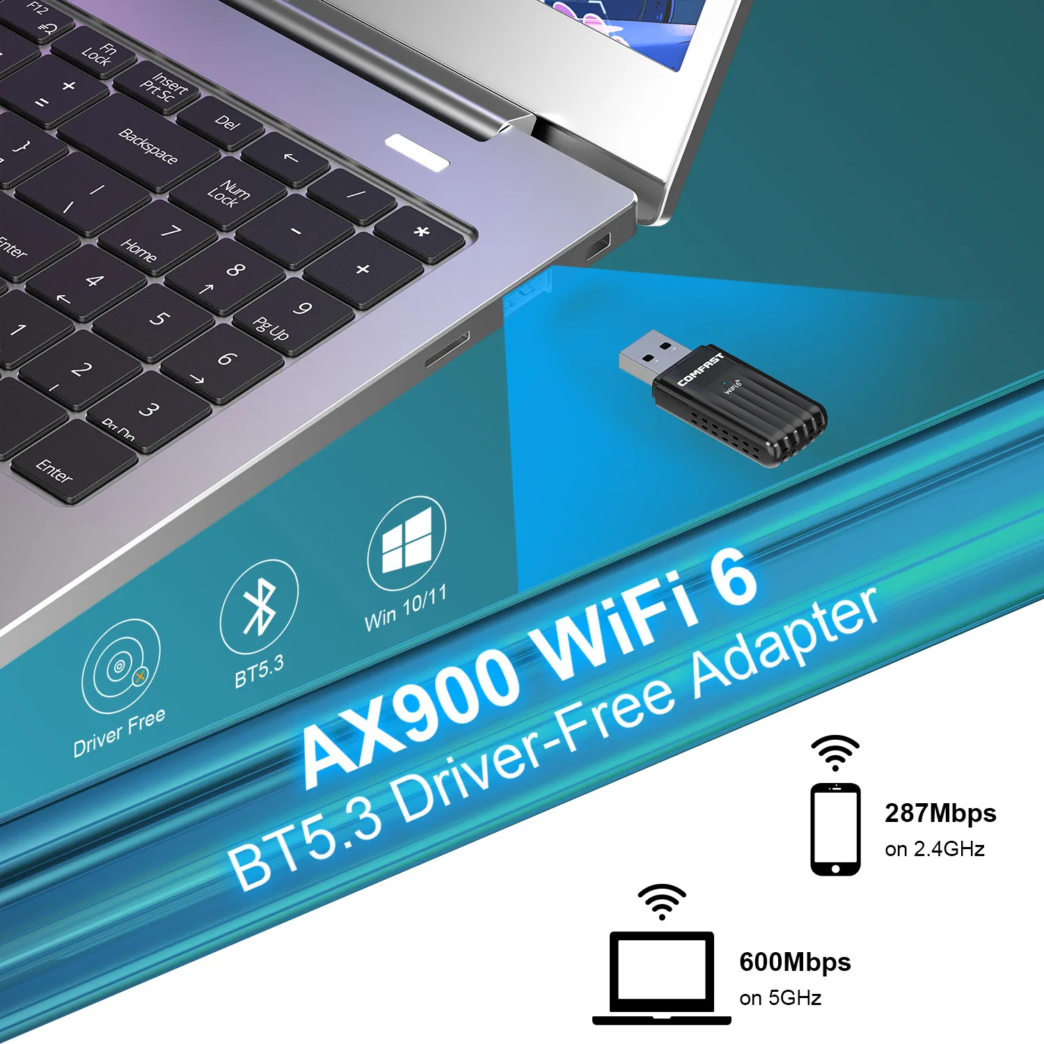 Comfast-usb Adaptador Wifi Dongle para Win10 Wpa3 Usb Bluetooth Ax900 2.4g 5ghz 900mbps Bt5.3 Wpa3 - Imagem 2