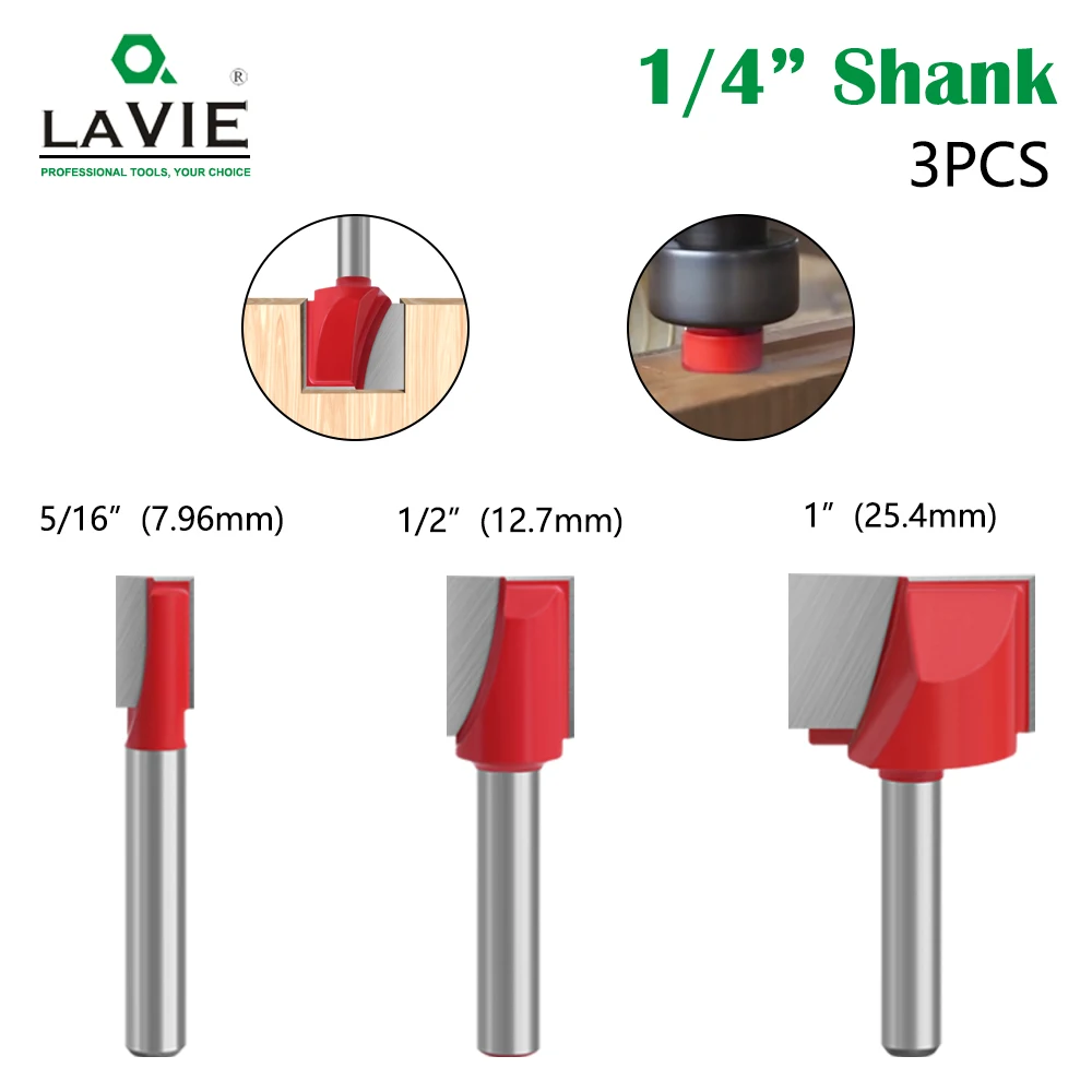 LAVIE 3pcs 1/4 Shank Cleaning Bottom Bit Straight Router Bit set Clean