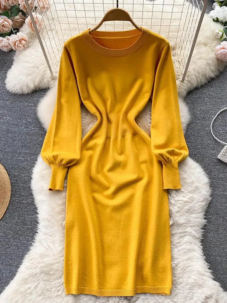 

Autumn Women Long Sleeve Knit Pink Yellow Green Dress Korean High Waist O Neck French Chic Stunning Temperament Midi Black Dress