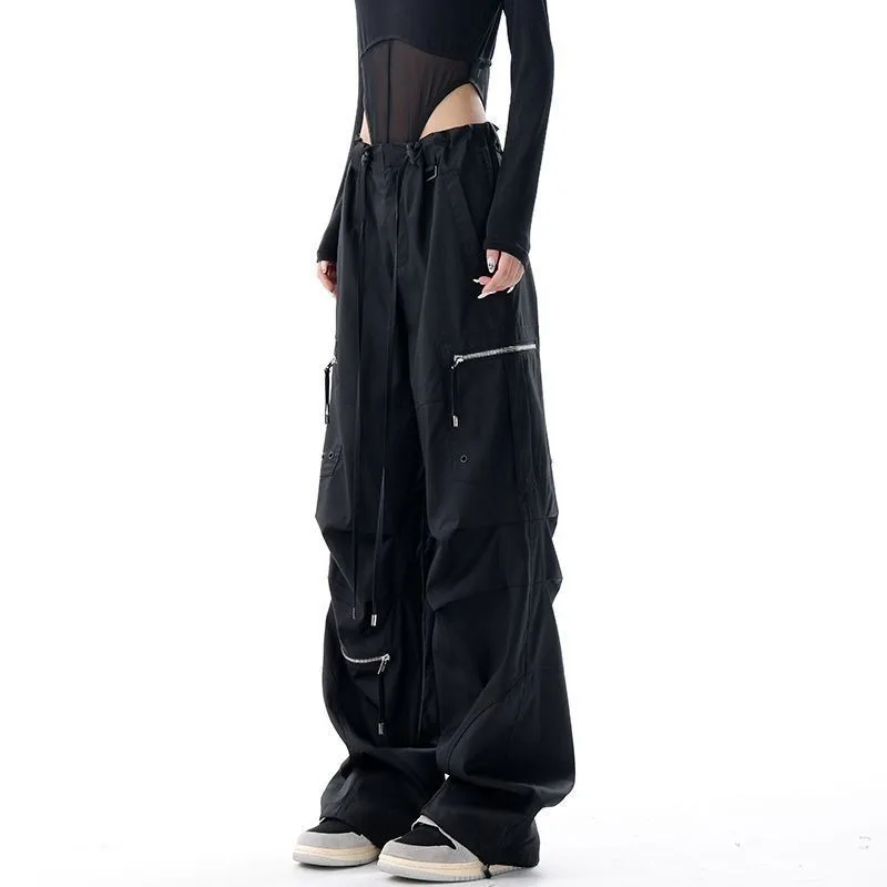 Deeptown Vintage Parachute Baggy Cargo Pants Women Korean Fashion Wide Streetwear Harajuku Style Casual Loose Trousers Kpop