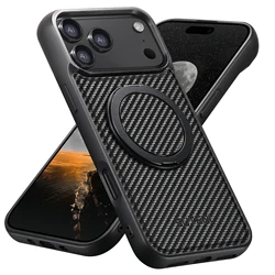 Luxury Carbon Fiber Texture Faux Leather Phone Case with 360° Rotating Fold Bracket Cover - iPhone 15 Plus (Black)