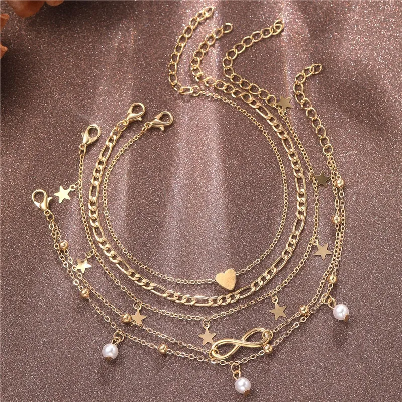 Ankle Chains Bohemia Gold Color Pearl Ankle Bracelet Set For Women Butterfly Heart Star Charm Anklet Chain On Leg Boho Jewelry