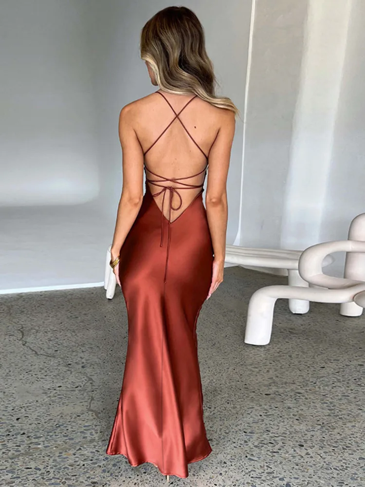 Mozision Satin Backless Maxi Dress For Women 2022 Autumn New