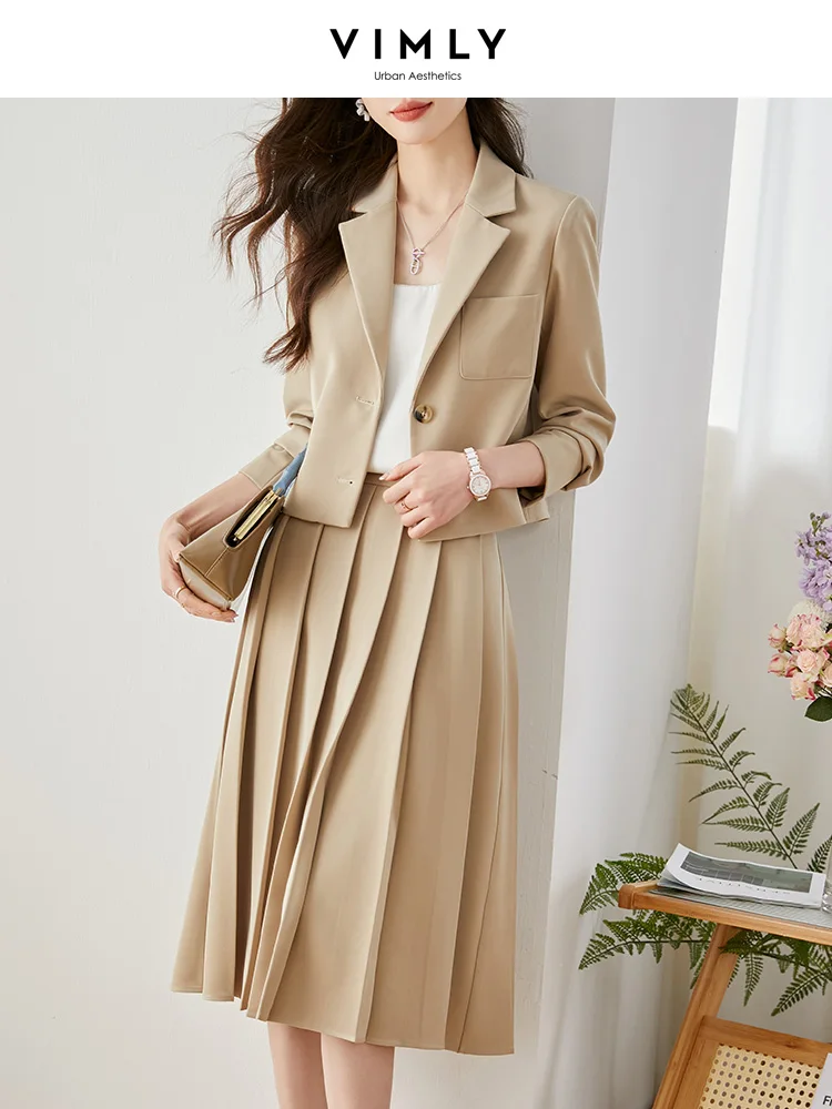 Vimly Elegant Skirt Suit Two Piece Sets for Women 2023 England Style Short Blazers Jacket Midi Pleated Skirts Womens Outfits