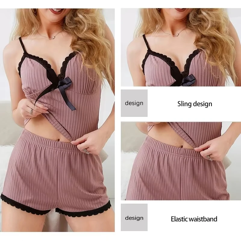 New Womens Sexy Ribbed Pajama Set Lace Trim Cami Top and Shorts Two Piece Sleepwear Loungewear V Neck with Bow Spaghetti Strap