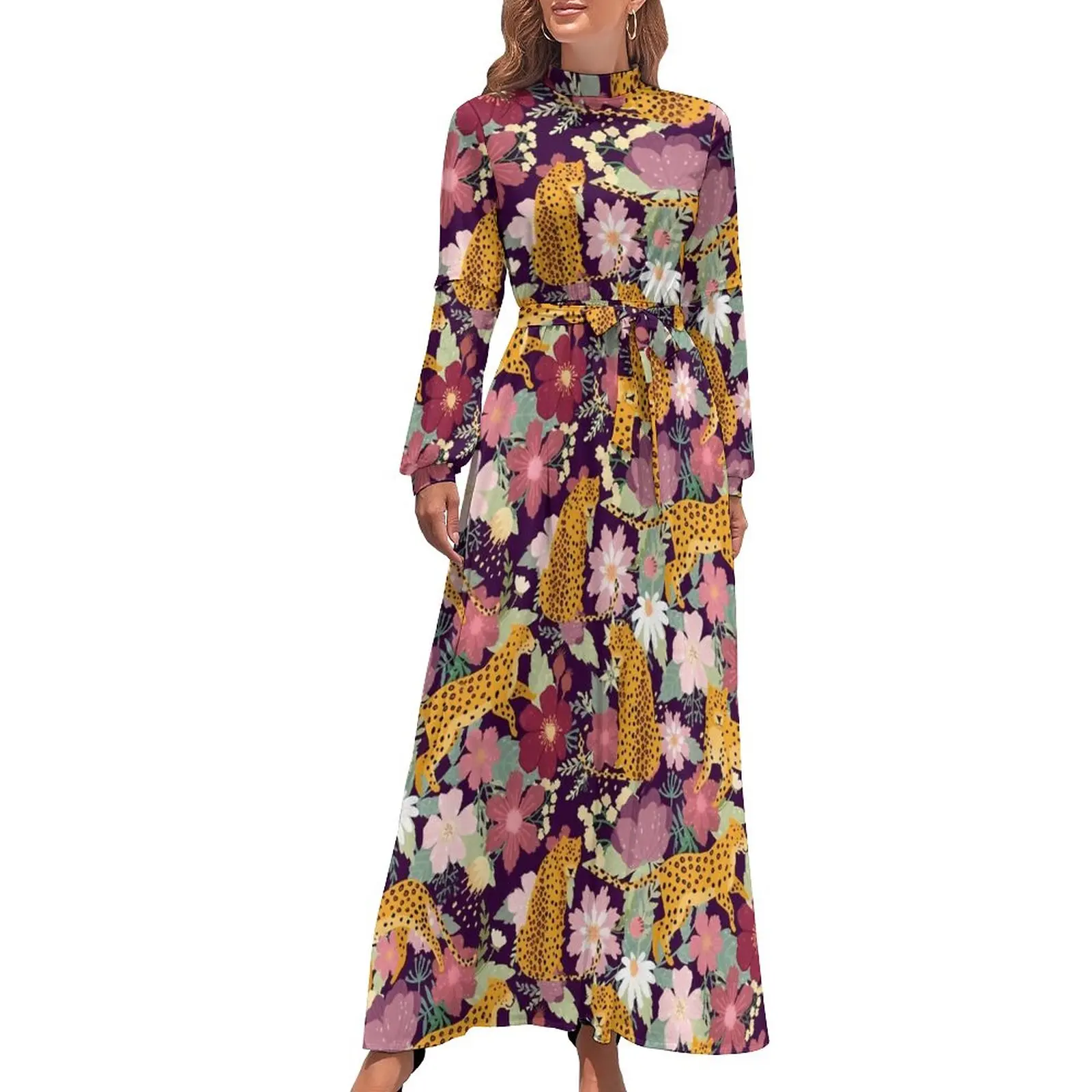 

Floral Leopard Print Dress Green Leaves Sexy Maxi Dress Casual Bohemia Long Dresses High Waist Graphic Clothing
