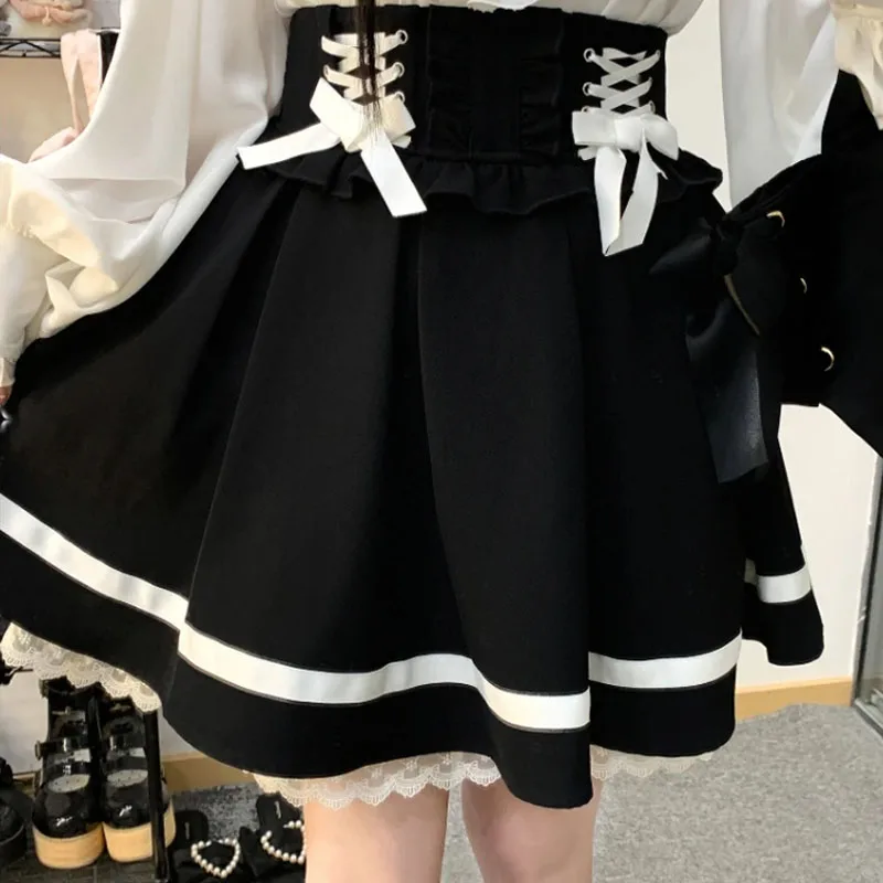 Japanese Gothic Y2k Lolita Skirt Women Elegant Sweet Lace Ruffles Ribbon Bandage Mini Skirts Girls Sexy Cute Punk Party Skirt 2