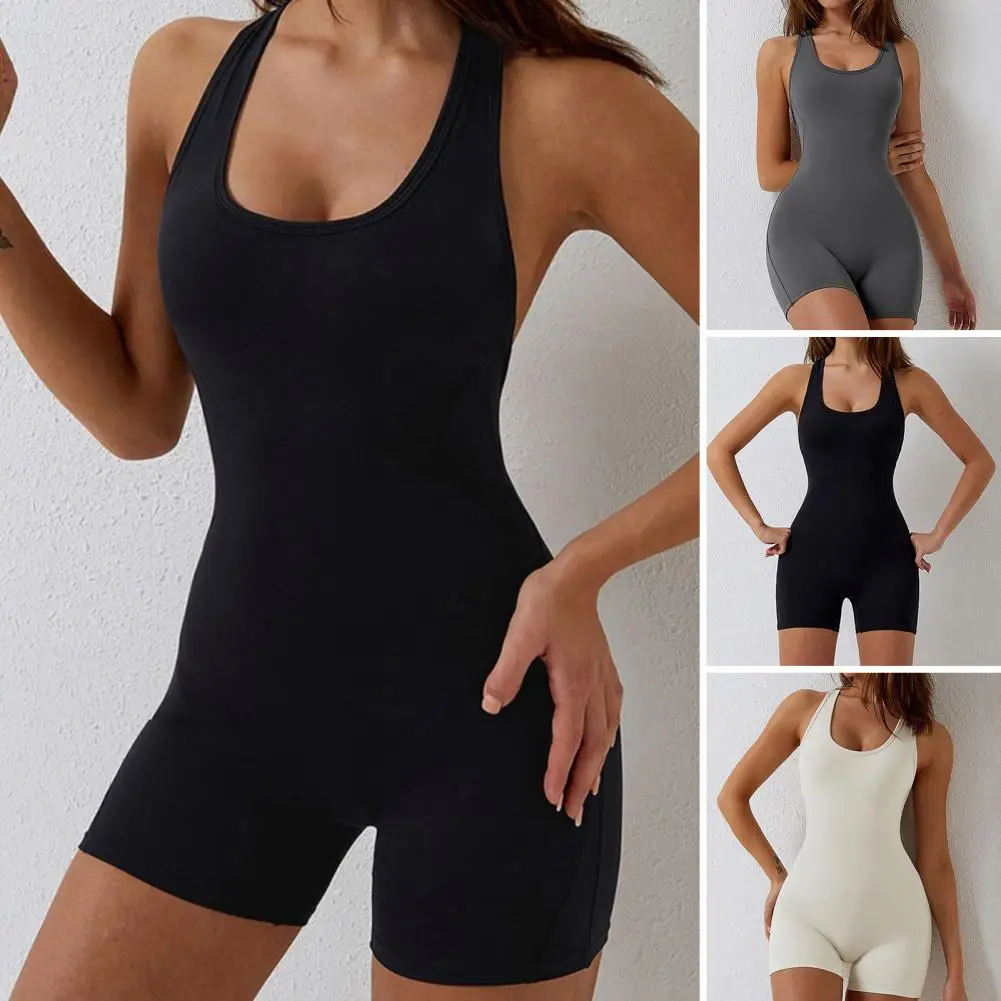 Built-in Pads Romper Stylish Women's Yoga Romper for Gym Pilates Workouts U Neck Butt-lifted Activewear with Padded Stretchy