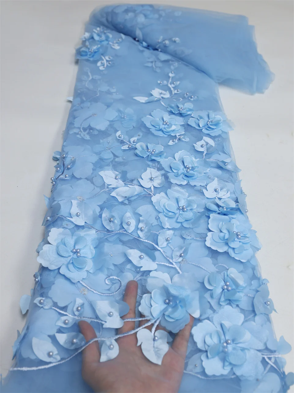 2025 Blue 3D Flower Lace Fabric With Pearls High Quality French Embroidery Tulle African Fabric For Wedding Party Dress Sewing 2025 Blue 3D Flower Lace Fabric With Pearls High Quality French Embroidery Tulle African Fabric For Wedding Party Dress Sewing