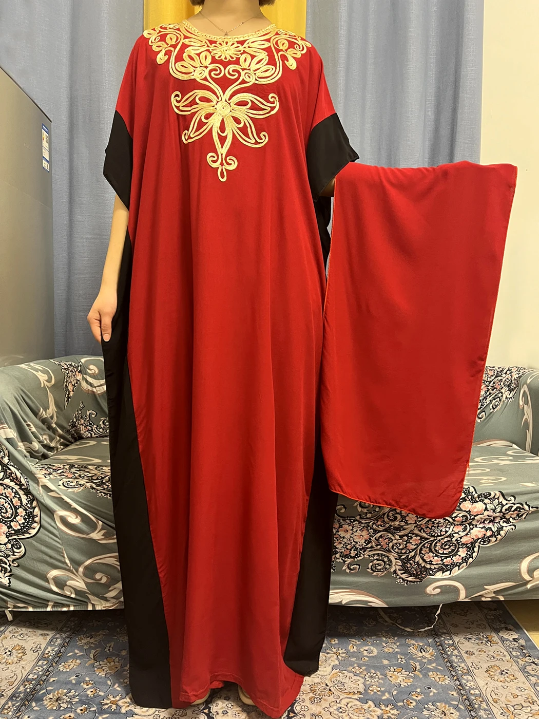 Muslim Traditional Cotton Abayas For Women 2023 Dubai Pure Splice Color Applique Short Sleeve African Dresses With Hijab Scarf