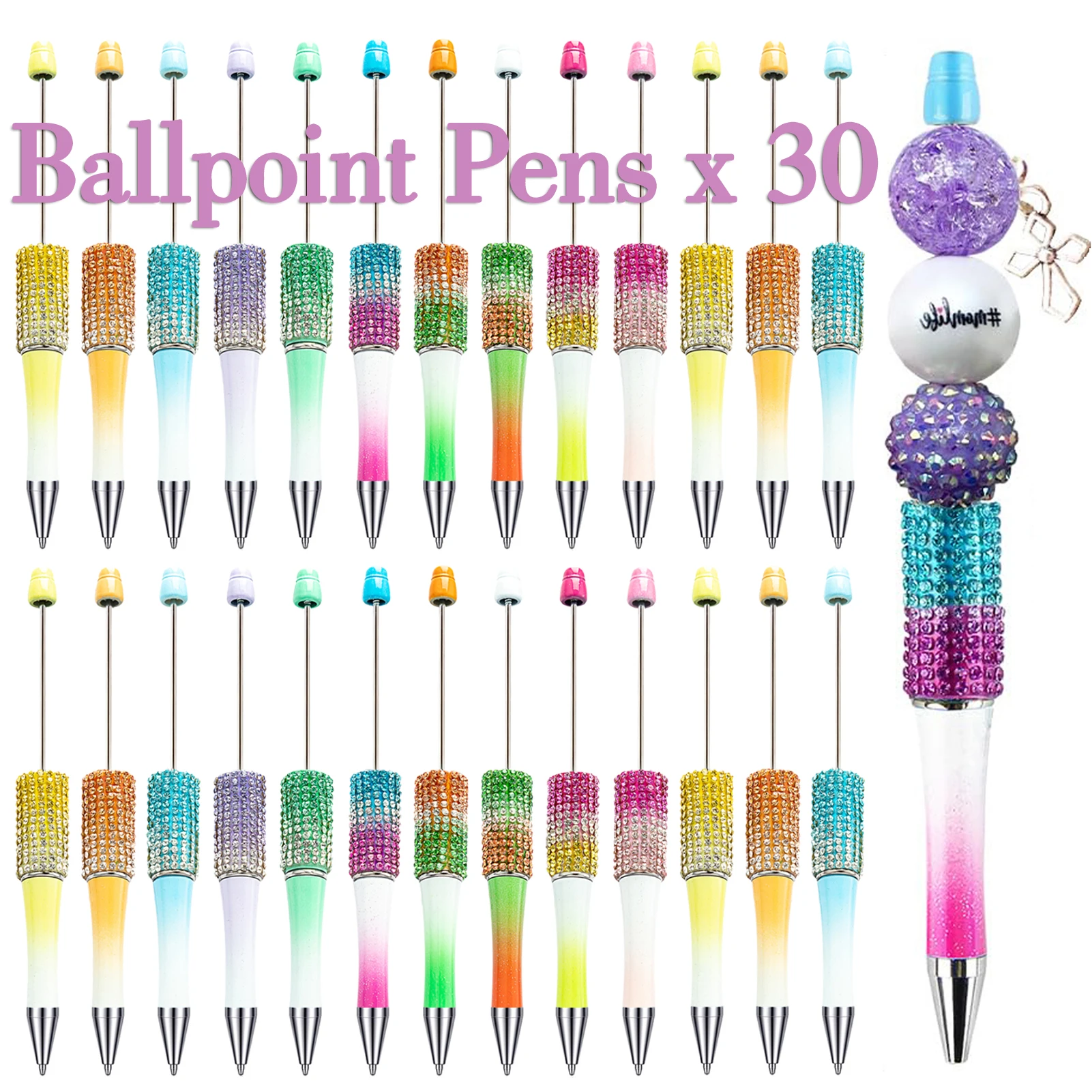 30Pcs Beads Diamonds Beaded Pen Wholesale Creative DIY Plastic Glitter Beaded Ball Pen Diamond Beaded Pens for Writing