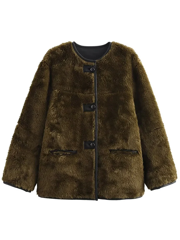 Winter Women Fur Faux Leather Warm Jacket Chic Contrasting Splice Casual Button O Neck Winter Fur One Piece Lamb Wool Jacket