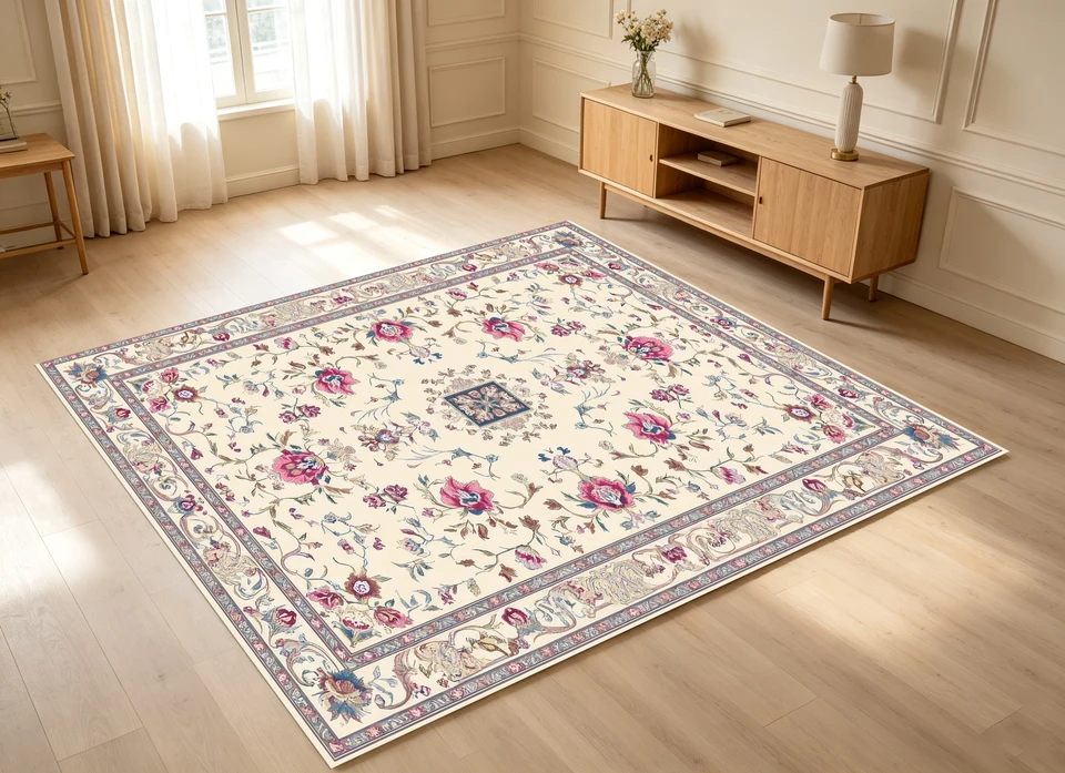 Large Retro Floral Carpet in Off White Pink