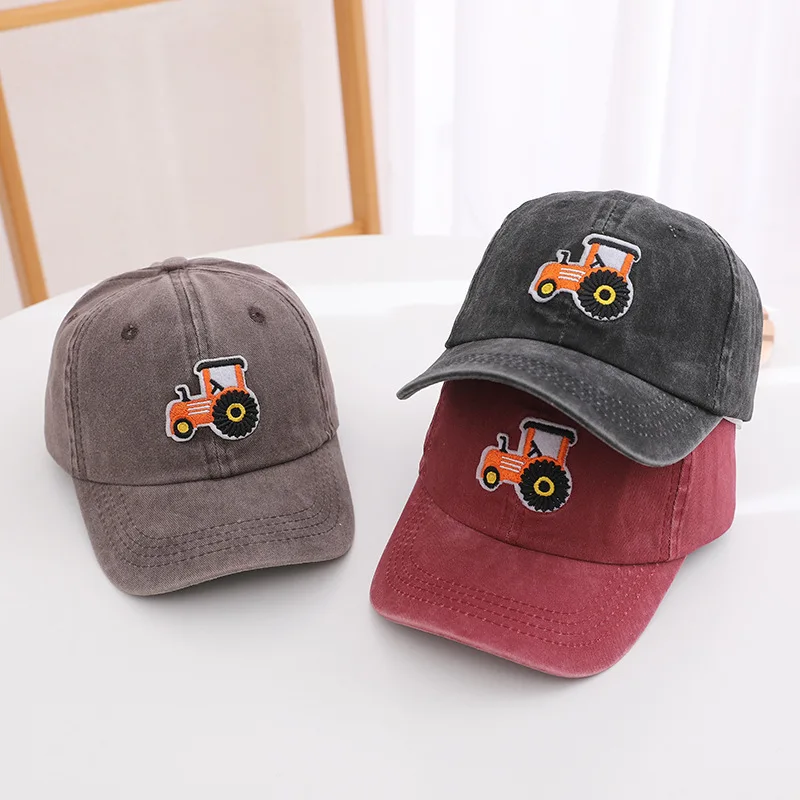 Washed Cotton Baby Baseball Cap Cartoon Tractor Embroidered Kids Snapback Hat Summer Soft Cotton Boys Girls Sun Hats
