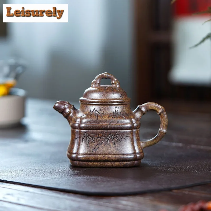 270ml Yixing Purple Clay Teapots Handmade Bamboo Tripod Pot Raw Ore Wood-fired Porcelain Mud Kettle With Filter Zisha Tea Set
