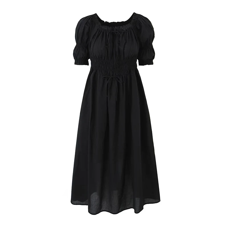

Vintage Women Lace Up Round Neck Puff Sleeve Short Sleeve A-line Midi Black Dress Holiday Casual Robe