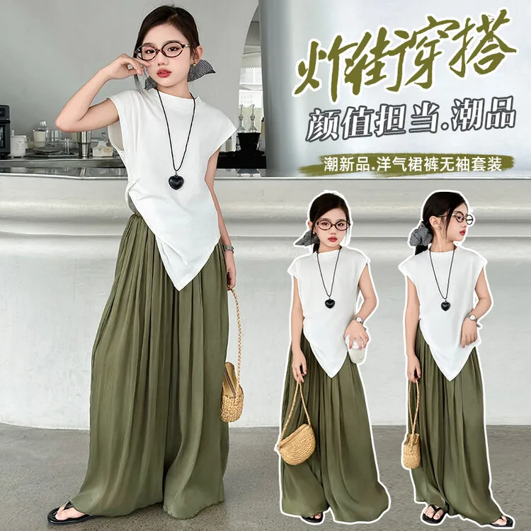 

2024 Summer Children Girl 2PCS Clothes Set Teenager Girl Split Hem Tops+simple style Printing Wide-leg Pants Set For Girls