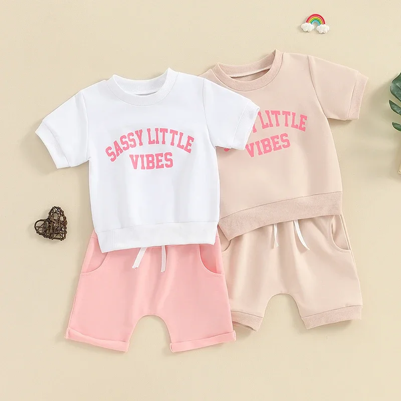 Toddler Baby Girl Summer Outfit Toddler Baby Girl Manica Corta Lettera Stampa Top Pantaloncini Tinta Unita Carino 2 Pezzi Vestiti 0-3T